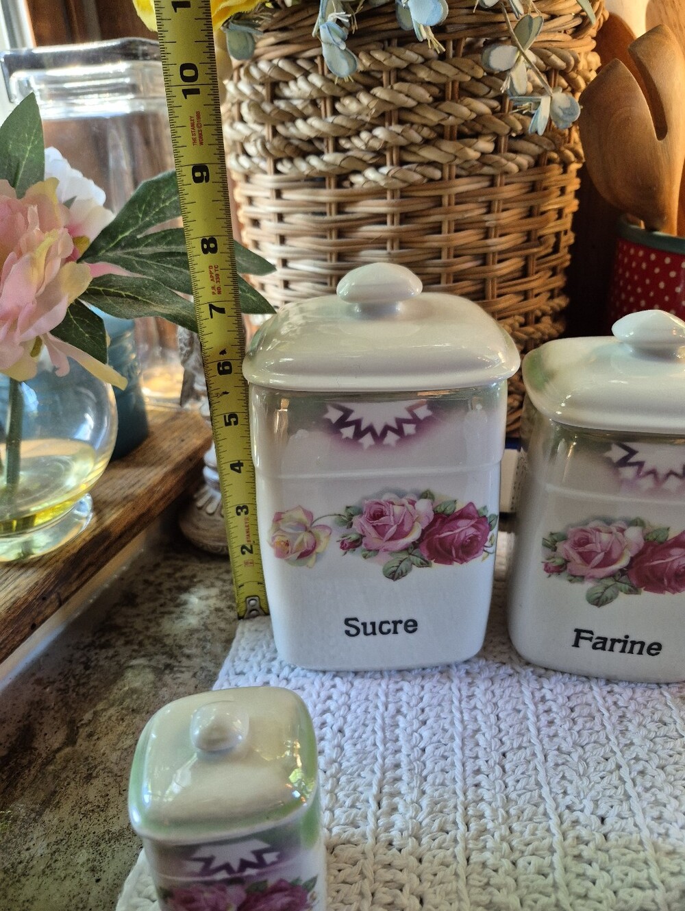 4pc Vtg French Ceramic Pink Rose French Sucre, Farine, Épices, Poivre Canisters - Picture 7 of 12